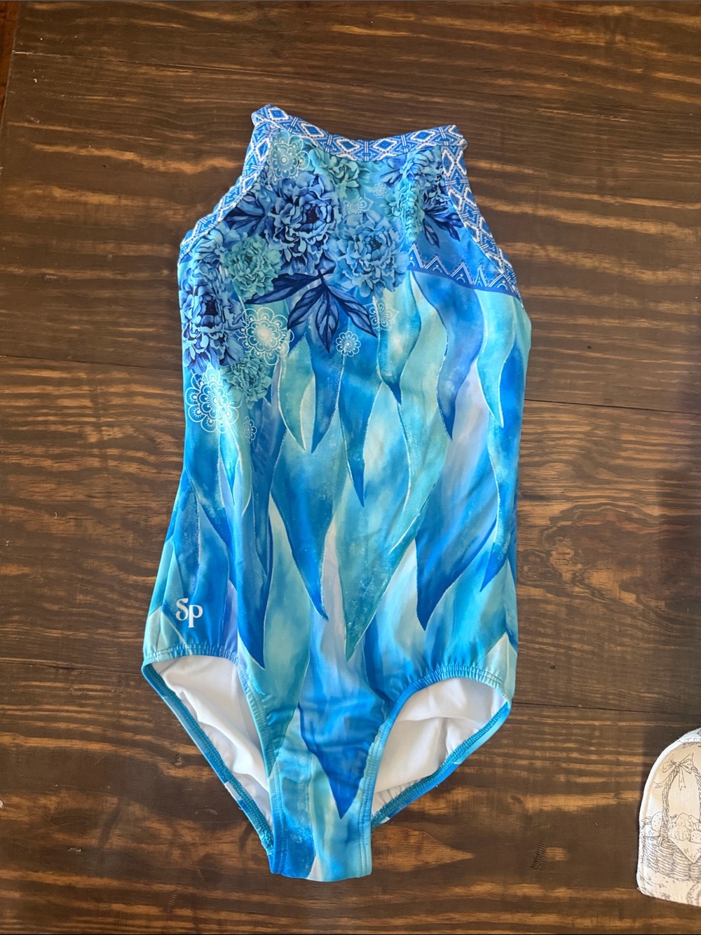 Sylvia P Bluewater Goddess Blue Floral High Neck Girls Leotard